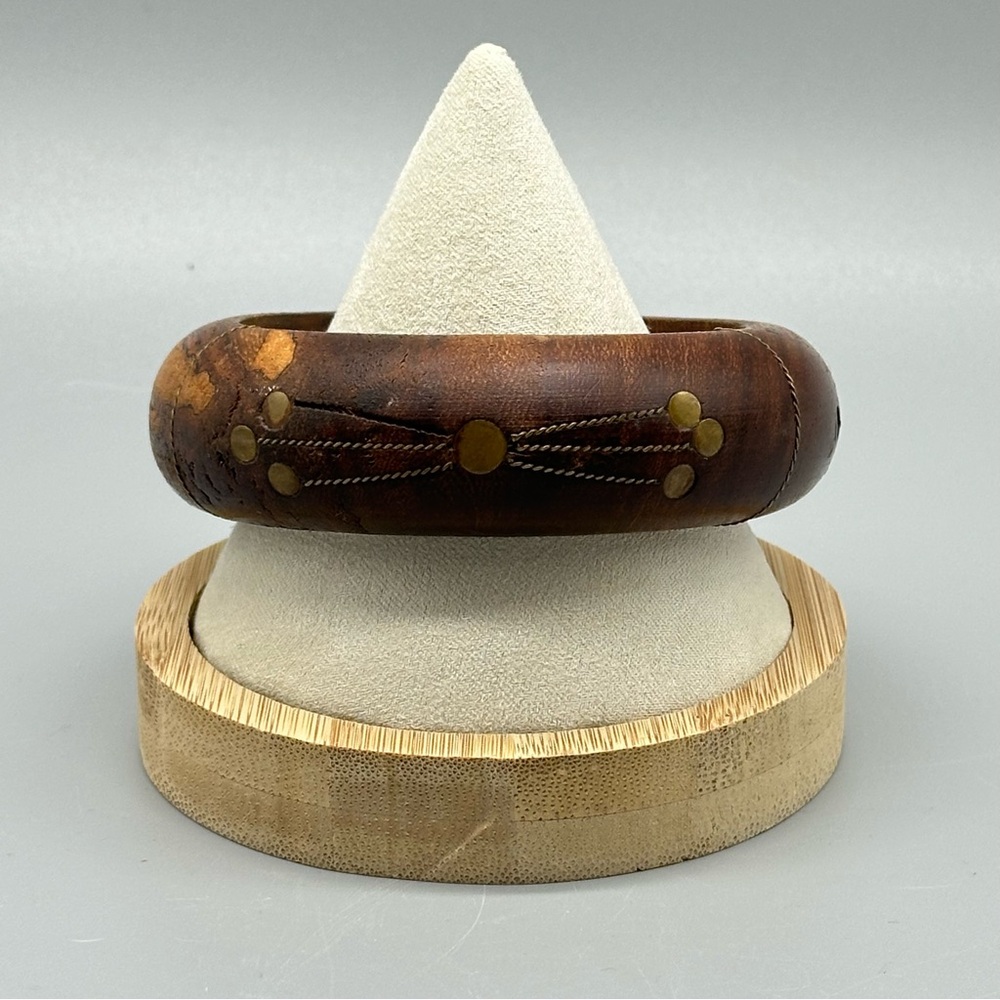 Vintage Handmade Wooden Brass Inlay Bangle Bracelet Sz 8.25 Boho Jewelry